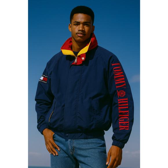 Vtg 90s Tommy Hilfiger Spell Out Flag on Sleeve Full Zip Hooded Jacket XXL *Flaw - Picture 1 of 13